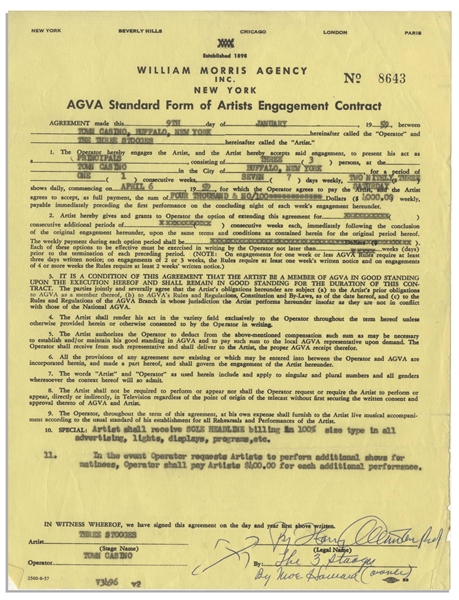Two January 1959 Contracts Signed by Moe Howard, Who Signs Each ''The 3 Stooges'' & ''Moe Howard'' -- AGVA Contracts for Three Stooges Performances -- Each Measures 8.5'' x 11'', Very Good